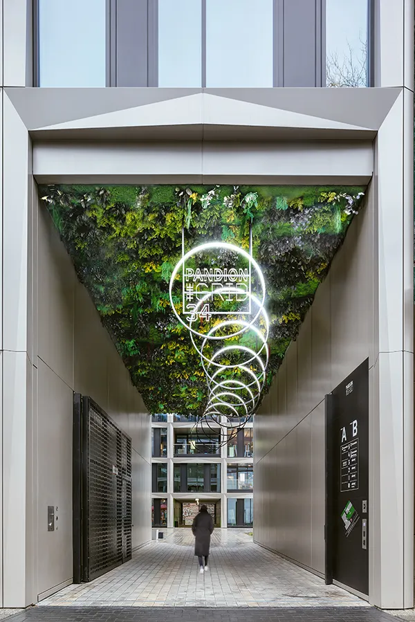 Passage mit innovativer Decke aus Moos und Neonlicht-Installation – natürliche Gestaltung von MoosMoos