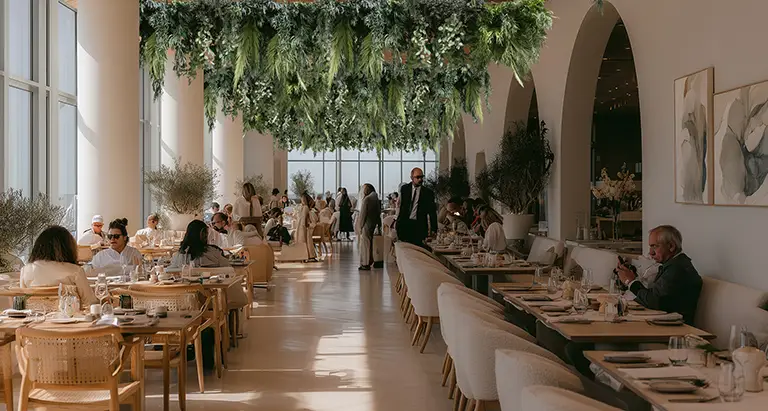 Restaurant mit stilvollem mediterranem Interieur, Gästen und einer eindrucksvollen Decke aus Moos von MoosMoos