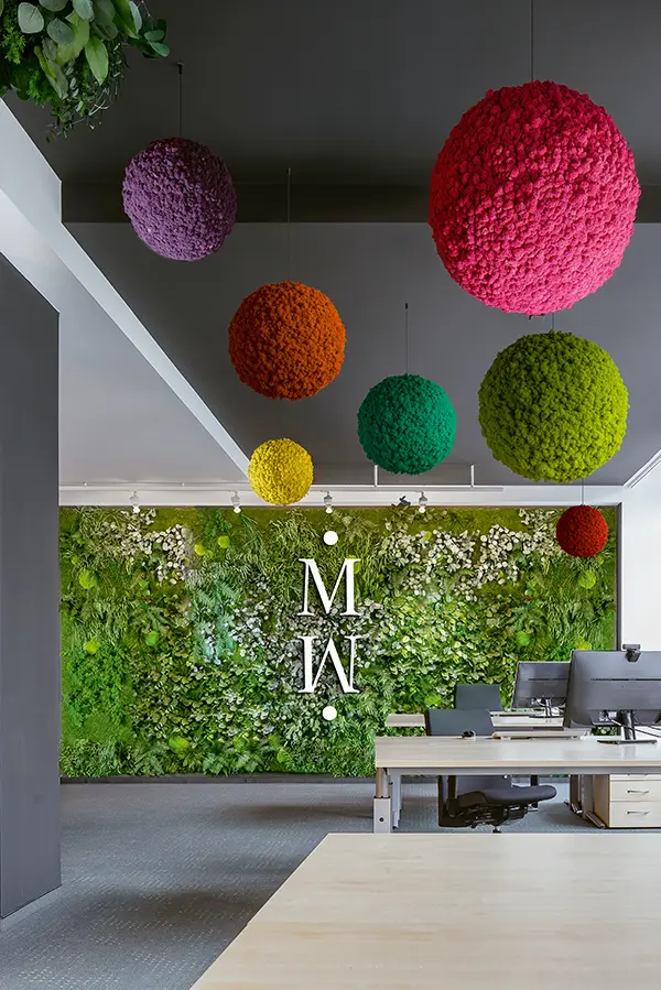 Design-Büro mit bunter Decke aus Moos und grüner Wand aus Moos von MoosMoos – stilvolles Raumkonzept.