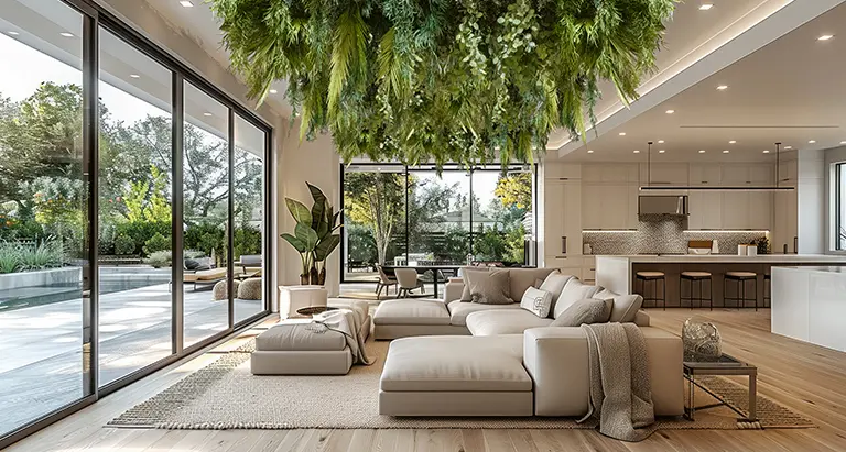 Modernes Wohnzimmer mit heller Einrichtung, Glasfront und grüner Decke aus Moos von MoosMoos für exklusives Naturdesign