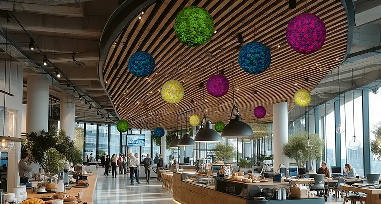 Bunte MoosMoos Kugeln als kreative Decke aus Moos in einem modernen Bürogebäude mit offenen Flächen.