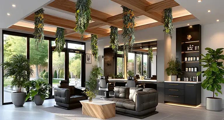 Moderner Salon mit Holzdecke, Glasfront und Hanging Gardens aus Moos von MoosMoos, kombiniert mit stilvollem Naturdesign