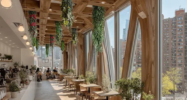Café mit großen Fenstern, Holzkonstruktion und Hanging Gardens aus Moos von MoosMoos für ein stilvolles Naturambiente