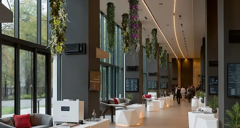 Empfangsbereich einer Hotellobby mit hohen Glasfronten, moderner Einrichtung und Hanging Gardens aus Moos von MoosMoos