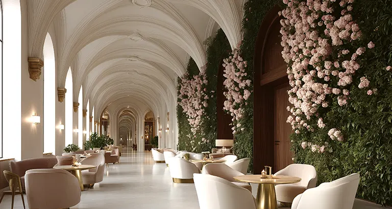 Moderner Korridor mit opulenter Wand aus Moos und rosa Blumen – exklusive MoosMoos Gestaltung für Hotellobbys und Eingangsbereiche.
