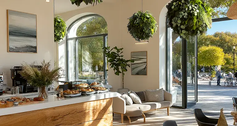 Moosbälle, kreative Wand- und Deckengestaltung im modernen Café.