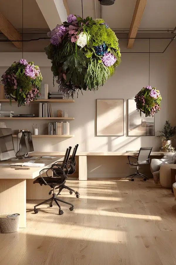 Floraler Moosball aus Moos mit bunten Blüten von MoosMoos, moderne Raumgestaltung für Büroräume.