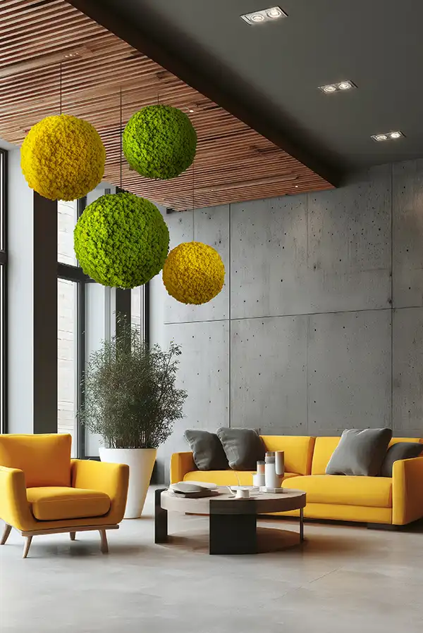 Farbige Moosbälle von MoosMoos als kreative Deckeninstallation im Büro, nachhaltige Wand- und Deckengestaltung mit Moos.