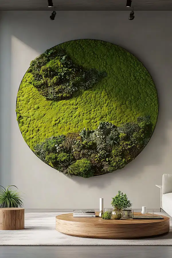 Rundes 3D-Moosbild von MoosMoos an einer Wohnzimmerwand, grüne Wandgestaltung mit Naturakzenten.