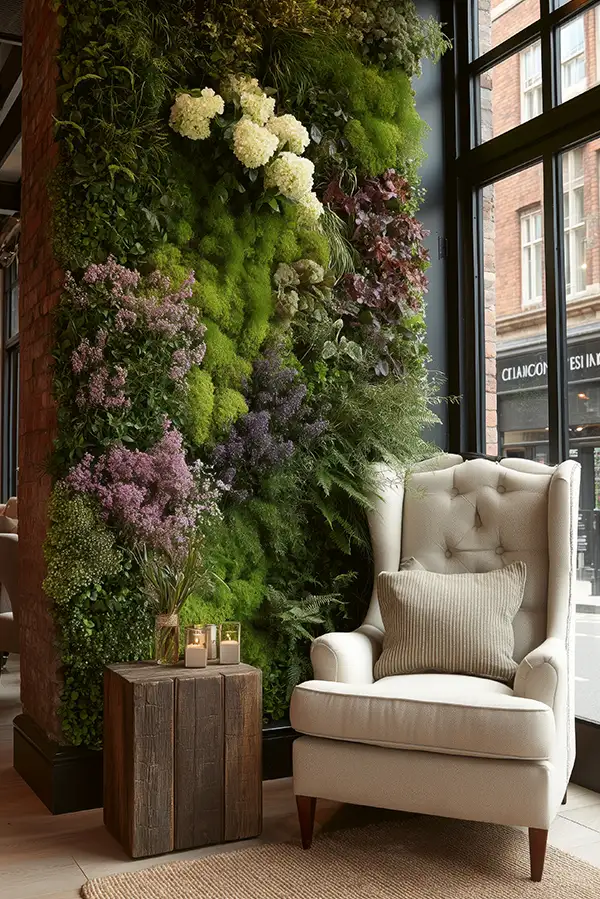 Wohnlicher Sitzbereich mit Bild aus Moos und farbenfrohen Blüten – MoosMoos Design für modernes Interieur.