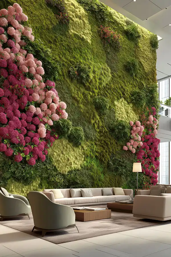Riesige vertikale MoosMoos Wand aus Moos mit pinken Blüten als dekoratives Bild aus Moos in moderner Lobby.