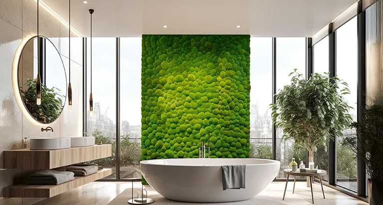 Exklusives Badezimmer mit freistehender Badewanne, Glasfront und beeindruckender Wand aus Ballenmoos von MoosMoos, modernes Wellness-Design