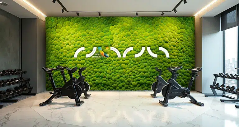 Fitnessstudio mit Spinningrädern und großflächiger Wand aus Ballenmoos von MoosMoos inklusive integriertem Logo, modernes Naturdesign für Sportbereiche