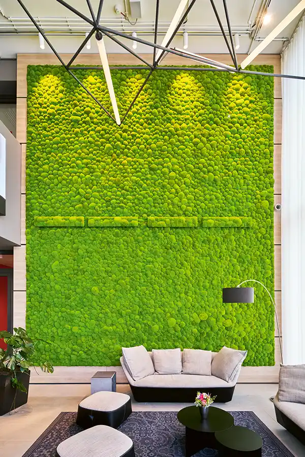 Hoher Loungebereich mit moderner Sitzgruppe und großflächiger Wand aus Ballenmoos von MoosMoos, nachhaltiges Naturdesign für Innenarchitektur