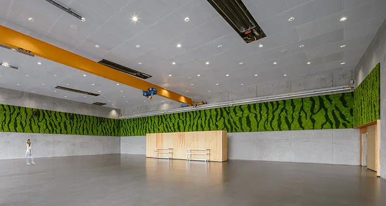 Weitläufige Halle mit umlaufender Wand aus Ballenmoos und Waldmoos von MoosMoos im Musterdesign, moderne Architektur mit nachhaltigen Naturakzenten