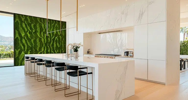 Helle moderne Küche mit weißer Kochinsel und stilvoller Wand aus Waldmoos und Ballenmoos von MoosMoos, exklusives Naturdesign für Wohnräume