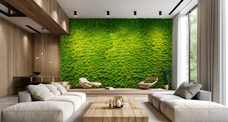 Modernes Wohnzimmer mit heller Einrichtung und einer durchgehenden Wand aus Ballenmoos von MoosMoos, nachhaltiges Naturdesign für Wohnräume