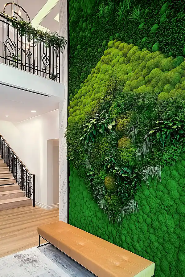 Große Wand aus Moos mit sattem Grün im Eingangsbereich – nachhaltiges MoosMoos Wanddesign
