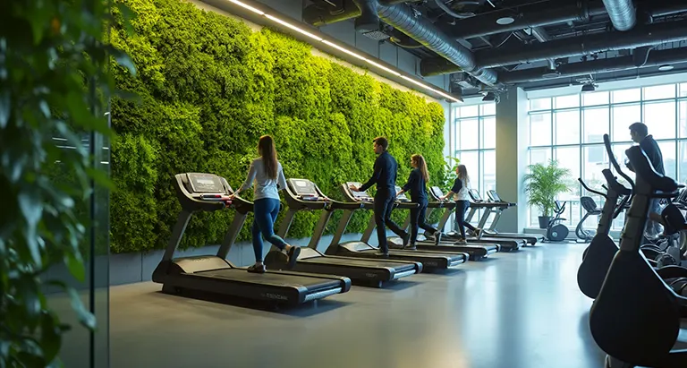 Fitnessstudio mit Laufbändern und großflächiger Wand aus Moos von MoosMoos, nachhaltiges Naturdesign für Sport- und Gesundheitsräume
