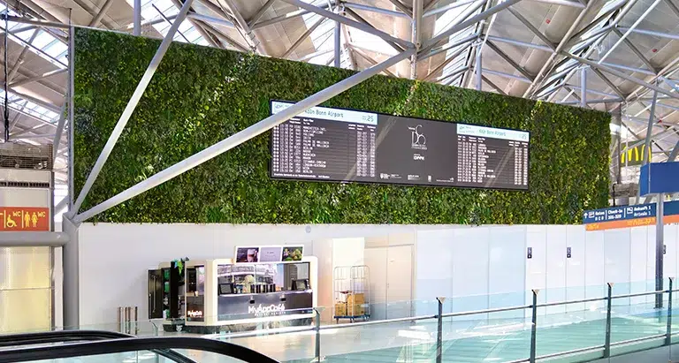 Große wand aus Moos von MoosMoos am Flughafen, die für nachhaltiges Design und gesunde Raumakustik sorgt