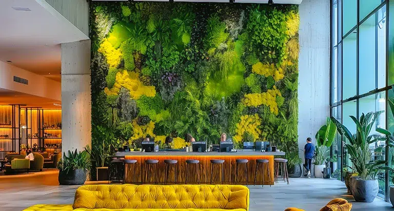 Exklusive Hotellobby mit Bar, gelbem Sofa und großflächiger Wand aus Moos von MoosMoos, modernes nachhaltiges Raumdesign