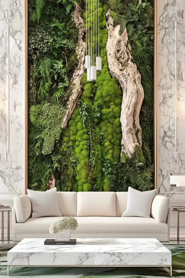 Eindrucksvolle Wand aus Moos mit Naturstämmen im Wohnzimmer – MoosMoos Bild aus Moos für luxuriöse Raumgestaltung