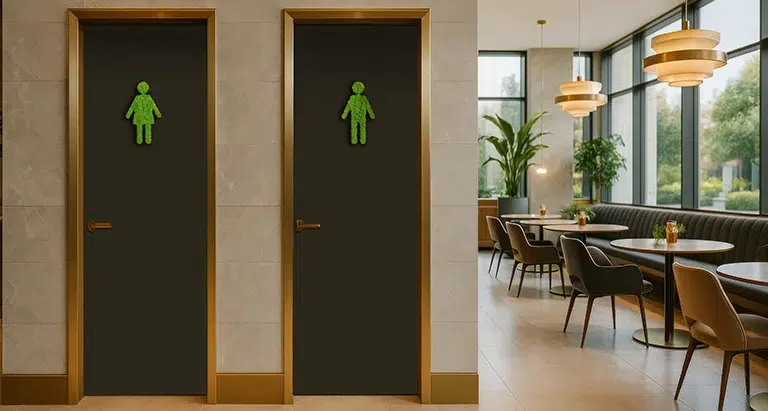 Toiletten-Türen mit Symbolen aus Moosmoos – kreative Wandgestaltung mit Moos