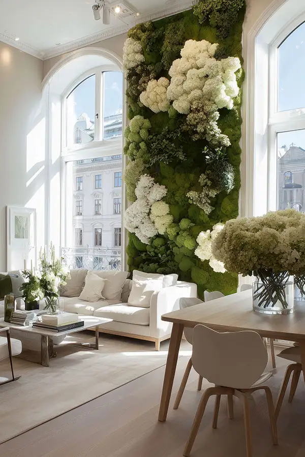 Große MoosMoos Wand aus Moos mit weißen Blumen im Wohnzimmer als dekoratives Bild aus Moos für modernes Wohnen.