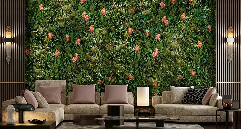 Exklusives Wohnzimmer mit großer Wand aus Moos mit Pflanzen und Blumen von MoosMoos, luxuriöses Naturdesign für Innenräume